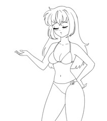 Cute anime manga girl wearing swimsuit bikini isolated on white background.