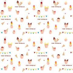 Ice cream, colorful, different desserts, varieties. Flat design. Vector seamless pattern illustration