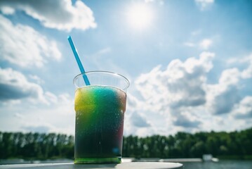 Granita semi-frozen dessert made from sugar, water and various flavorings. Granita on sun background