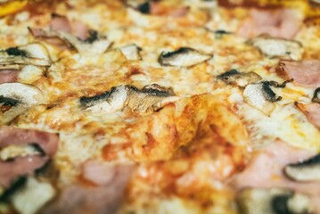 Pizza from the oven. Oven-baked pizza with ham mushroom