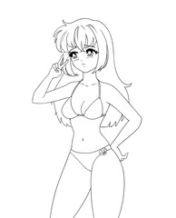 Cute anime manga girl wearing swimsuit bikini isolated on white background.