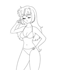 Cute anime manga girl wearing swimsuit bikini isolated on white background.