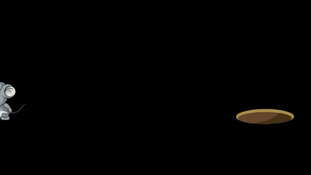 Looped cartoon animation of a little grey mouse running with a sack and hiding in a hole.
