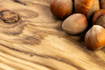 composition of hazelnuts on a wooden board