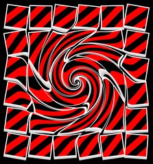 pattern and twisted design of many geometric 3D illustration squares with red and black diagonal stripes each within a white frame