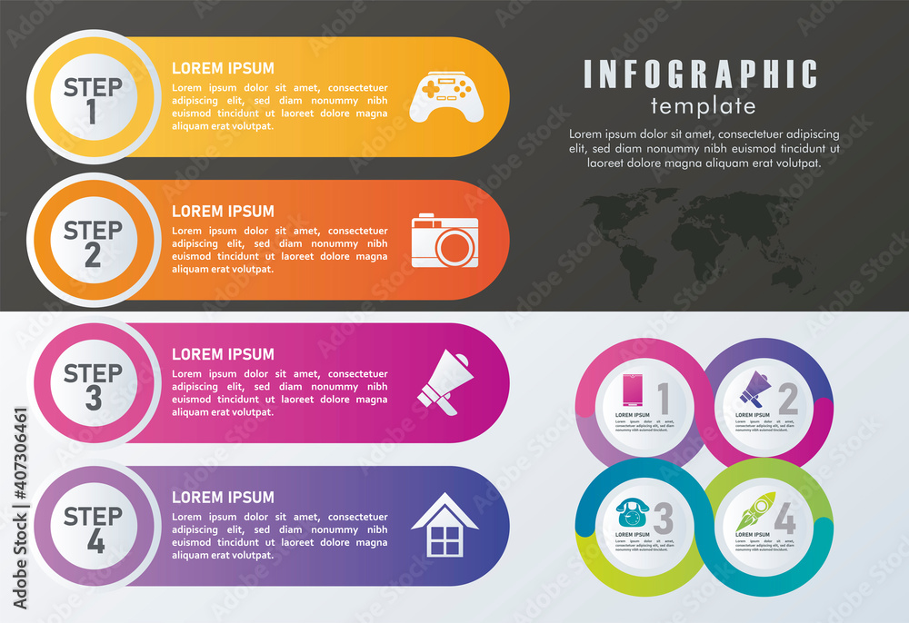 Poster statistics infographics steps with numbers and maps in gray and black background
