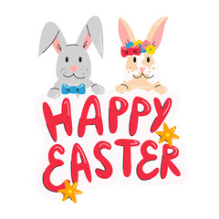 Happy Easter design with cute bunnies and hand drawn lettering for poster, banner, flyer, invitation, greeting cards isolated. Design element concept, seasonal print. Vector flat linear illustration
