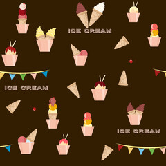 Ice cream, colorful, different desserts, varieties. Flat design. Vector seamless pattern illustration