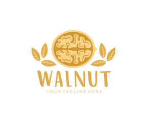 Walnut, cracked walnut, walnuts kernels, logo design. Nut, food, plant and leaves, vector design and illustration