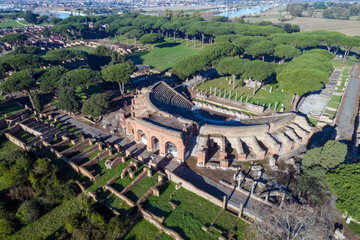 Aerial view of the Archaeological Area of Ostia Antica, founded in 620 .C Rome near the Tiber...
