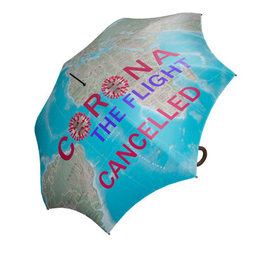  Regenschirm mit Weltkarte und der Aufschrift Corona The Flight Cancelled. Isoliert mit Beschneidungspfad.