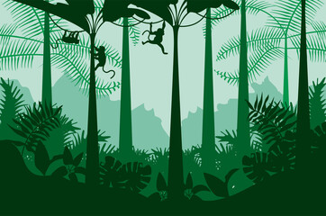 jungle wild nature green color landscape with monkeys scene