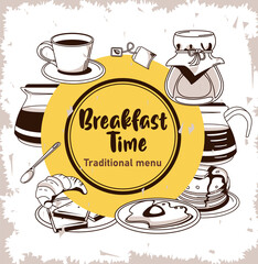 breakfast time lettering in circular frame poster with utensils and ingredients