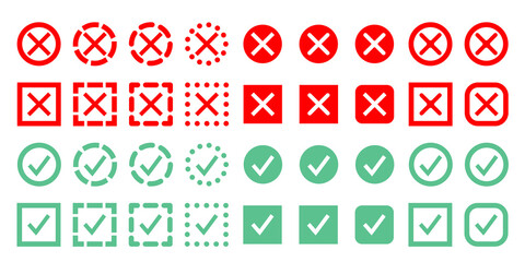 Set green check marks and red crosses of simple web buttons. Large collection of flat buttons.
