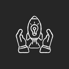 Innovation chalk white icon on black background. IT project startup. Business mission. Company development. Creative approach. Core corporate values. Isolated vector chalkboard illustration