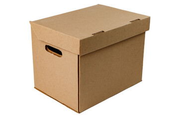 Empty cardboard box for storage. A closed brown box, isolated on a white background. view from the side