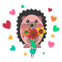 A cute hedgehog holds flowers, hearts are drawn around, the drawing is drawn in bright colors. Stock vector illustration in cartoon style isolated on white background.