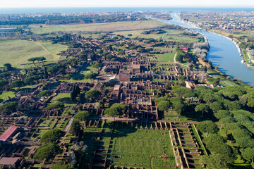Aerial view of the Archaeological Area of Ostia Antica, founded in 620 .C Rome near the Tiber River, an ancient port