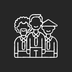 Diversity chalk white icon on black background. Workplace teamwork. Office colleagues. Multicultural team. Interracial group. Core corporate values. Isolated vector chalkboard illustration