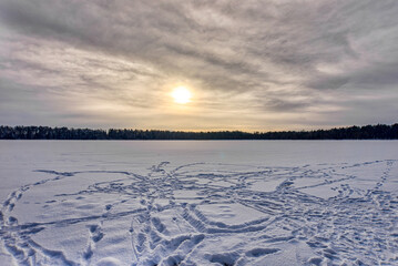 Frozen lake with sun and trees