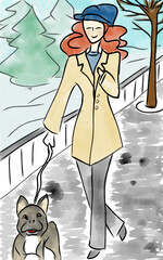 winter girl walking with dog