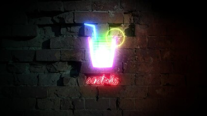 Neon Animated Cocktail Sign on Brick Wall Background 4K Video - Powered by Adobe