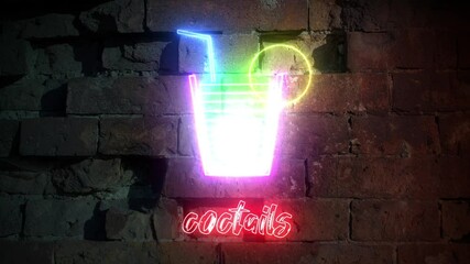 Neon Animated Cocktail Sign on Brick Wall Background 4K Video - Powered by Adobe
