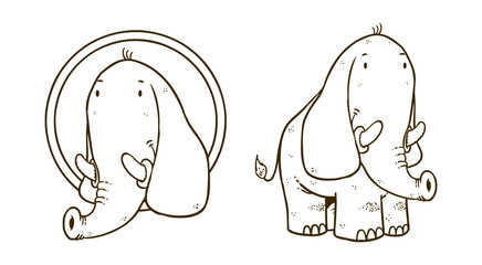 Cute Elephant. Hand drawn line art illustration of an elephant and its head in a circle like a logo. Vector EPS. 