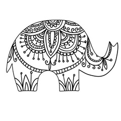 Isolated vector black and white illustration of lined elephant with ornamental decoration