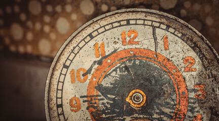 Vintage grunge background of an old clock. Abstract texture covered with dust, dirt, scratches. Macro photography in light tinted