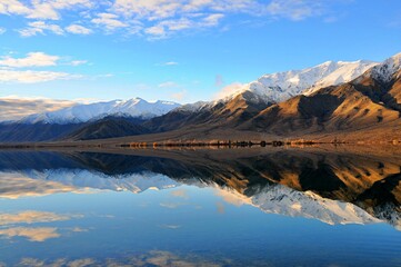 Landscape of snowcapped mountain reflected in calm water of lake