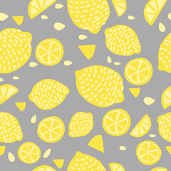 Ultimate Gray and Illuminating Yellow are the trending colors of 2021. Yellow lemons on a gray background in flat style. Seamless pattern for, printing on fabric, wrapping paper, phone cases
