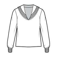 Shirt middy sailor suit technical fashion illustration with long sleeves with cuff, tunic length, oversized. Flat apparel top outwear blouse template front, white color. Women men unisex CAD mockup