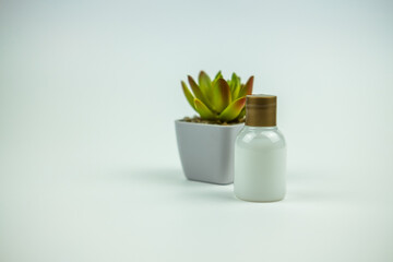 A photo of a little bottle of shower gel in back a little plastic jar with a plant