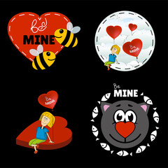 Set of stickers, stickers for Valentine's Day. 4 plot illustrations labeled Be mine in cartoon style. Heart, bees, girl, cat, fish, clouds. Vector. Suitable for labels, cards, banners.