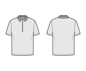 Shirt zip polo technical fashion illustration with short sleeves, tunic length, henley, oversized, flat knit collar. Apparel top outwear template front, back, grey color. Women men unisex CAD mockup