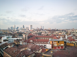 Fototapeta na wymiar Rare aerial view of Milan city downtown, Italy