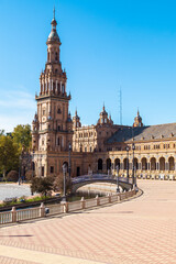 Views of the North Tower of the Plaza de España in Seville (Andalusia, Spain). Majestic architectural work that has become the most emblematic place in the city.