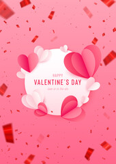 Happy St. Valentine’s Day card with 3d paper hearts and flying confetti. Vector holiday design template. Red concept sale banner or greeting card