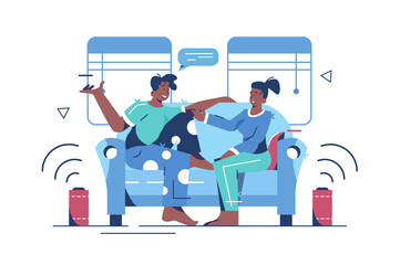 Fun party at home vector illustration. Man and woman listening loud music in apartment flat style concept. Pastime together at home idea. Isolated on white