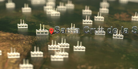 Santa cruz de la sierra city and factory icons on the map, industrial production related 3D rendering