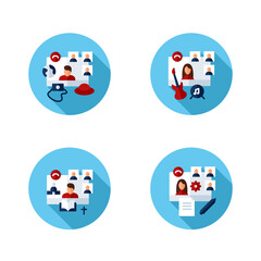 Meeting together flat icons set. Online conference concept. Live stream. Social distanced dinner, travel, game, church and more. Remote video communication. Isolated color vector illustrations