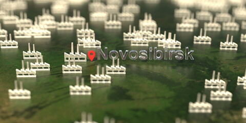 Factory icons near Novosibirsk city on the map, industrial production related 3D rendering