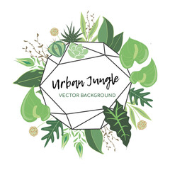 Flat vector tropical polygonal round frame for background with succulents, aloe, anturiums, houseplants and excotic leaves in natural eco green and brown colors. Perfect for urban jungle designs.