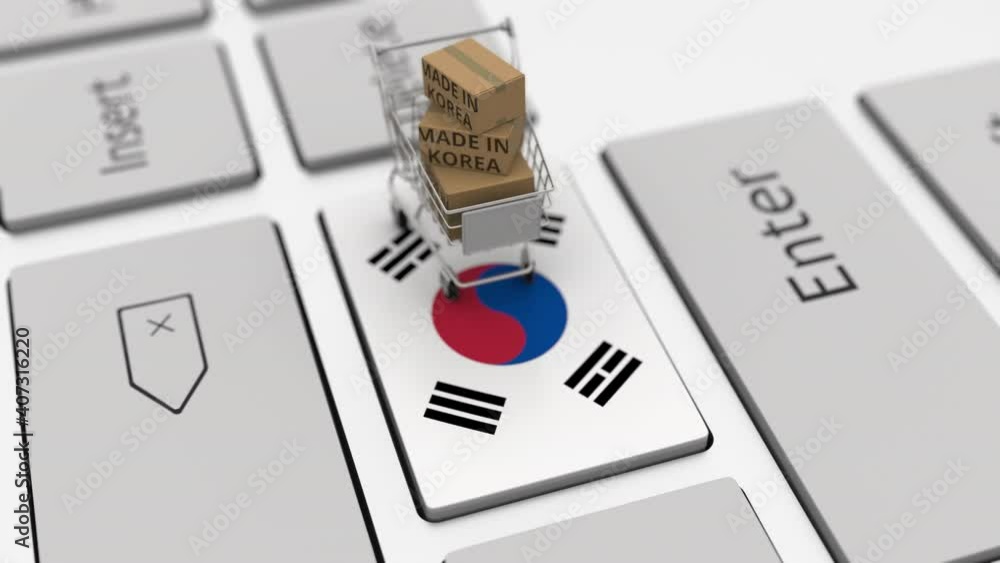 Poster boxes with made in korea text and shopping cart on the keyboard. conceptual looping 3d animation