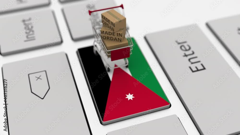 Poster boxes with made in jordan text and shopping cart on the keyboard. conceptual looping 3d animation