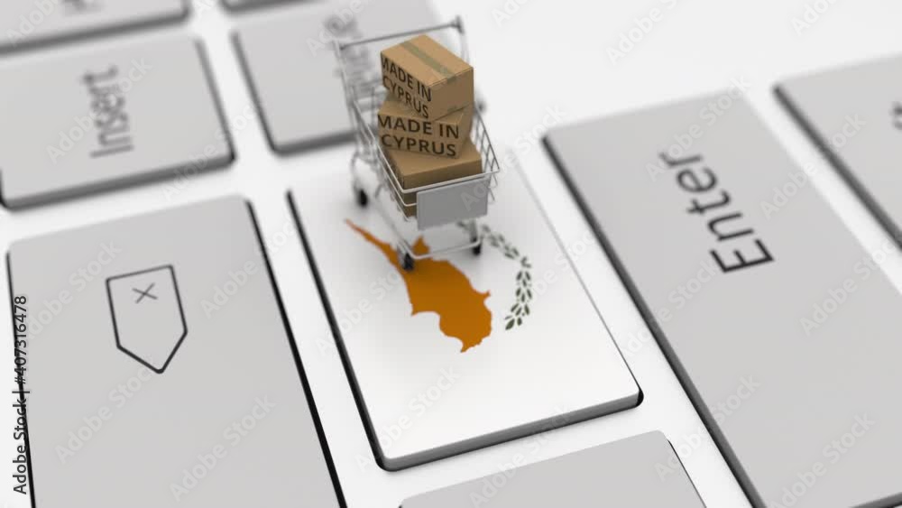 Poster boxes with made in cyprus text and shopping cart on the keyboard. conceptual looping 3d animation