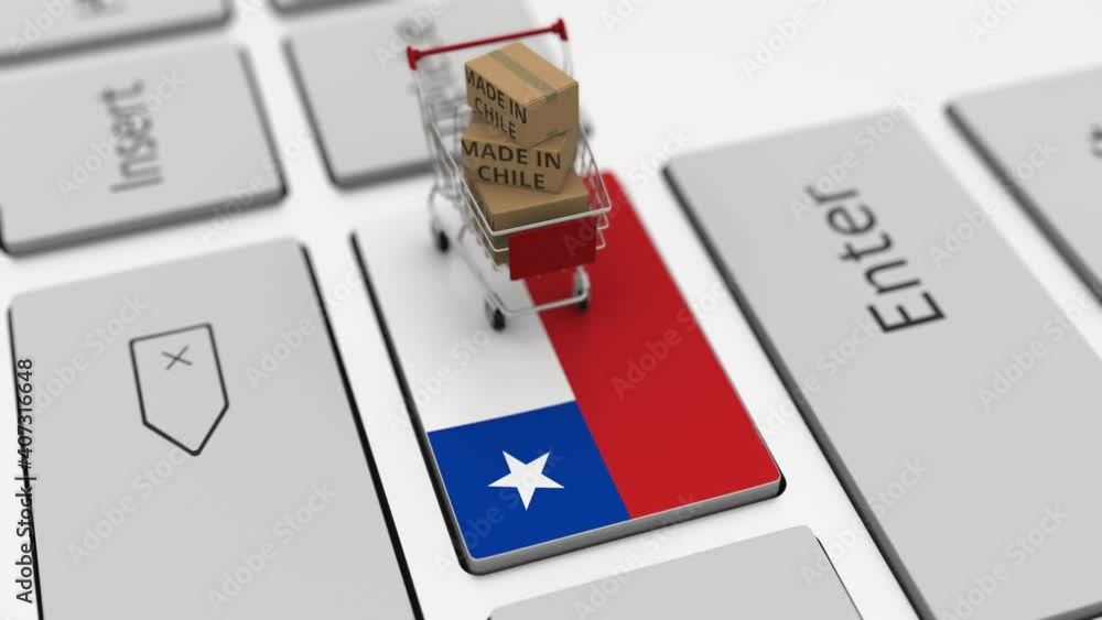 Poster boxes with made in chile text and shopping cart on the keyboard. conceptual looping 3d animation