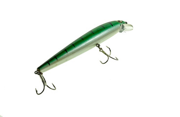 Close up of a green striped fishing lure used to catch perch, pike and bass isolated on a plain...