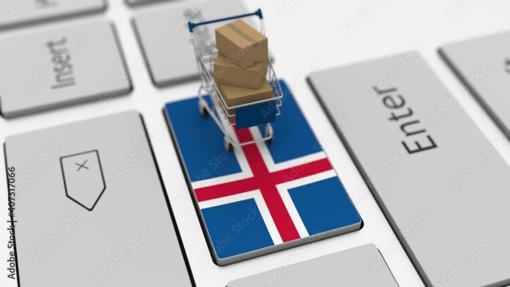 Poster computer keyboard key with flag of iceland and shopping cart with cartons, looping online shopping c